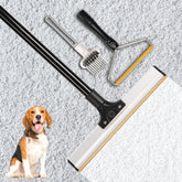 10 TO 6 PICKS 62-inch carpet rake extends reach for easy pet hair removal on carpets.
