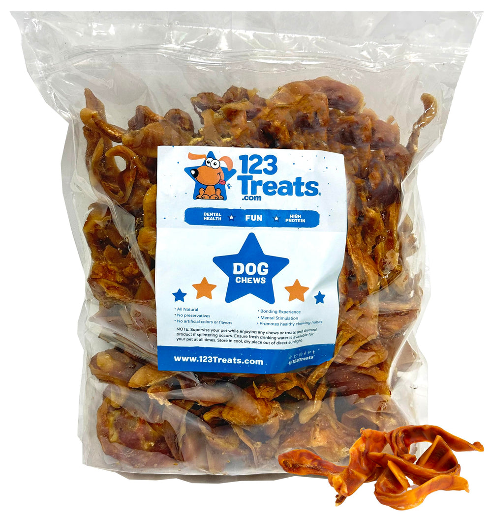 123 Treats pig ears 5lb bag full bag — natural single-ingredient chews for dogs.