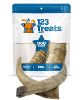 123 Treats goat horns close-up: natural, long-lasting dog chew for extended chewing sessions.