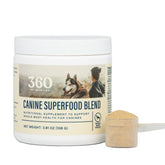 360 Pet Nutrition Canine Superfood Boost bottle pour highlights quick daily nutrition for joints and immunity