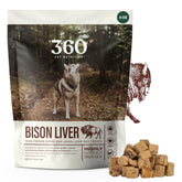 360 Pet Nutrition freeze-dried bison liver dog treats shown in a bag for training rewards