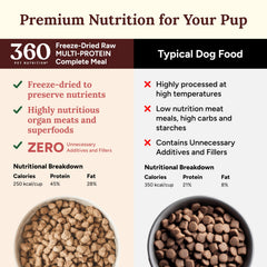 360 Pet Nutrition ingredients close-up showing real meats and veggies