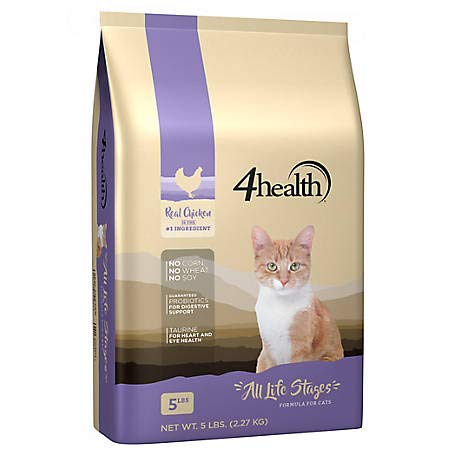 4health cat food bag showing chicken and rice formula for all life stages, supports healthy skin and coat.