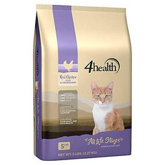 4health cat food bag showing chicken and rice formula for all life stages, supports healthy skin and coat.