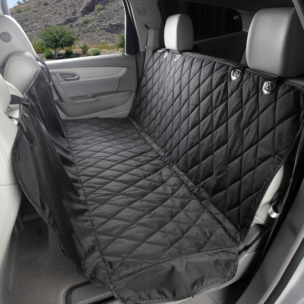 4Knines dog backseat cover hammock in black protects seats from dirt and hair.