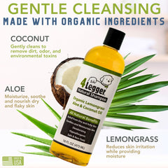 4Legger organic dog shampoo ingredients close-up shows aloe and lemongrass.