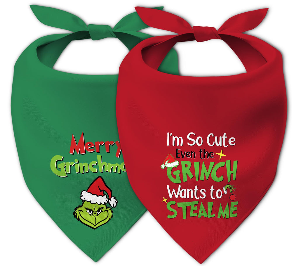 68Win Christmas dog bandana in green on a dog for a festive holiday look.