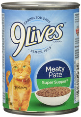 9Lives Meaty Pate Super Supper cat food can label highlights real fish and chicken nutrition