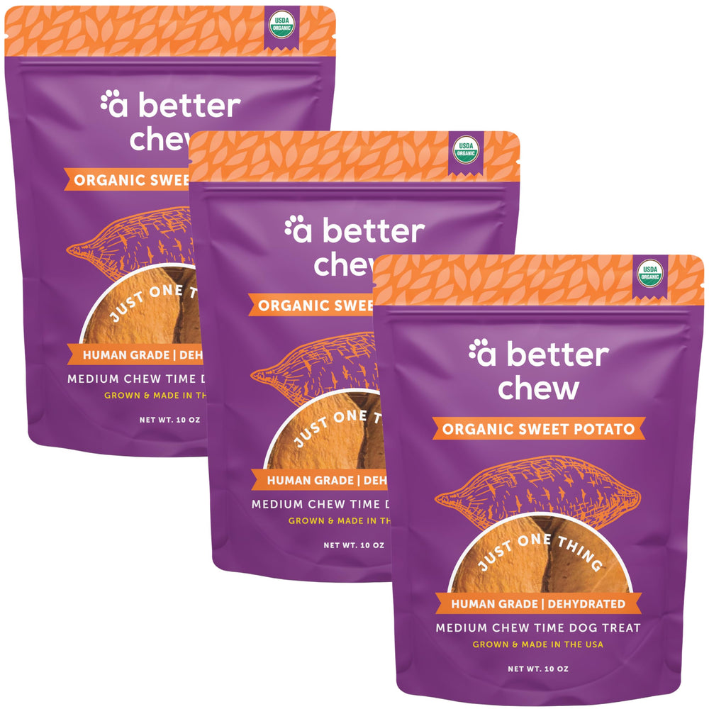 A Better Treat organic sweet potato chews bag highlighting longer-lasting, allergen-friendly snack.