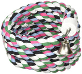 A&E Cage Company Happy Beaks toy with rainbow cotton rope and bell for engaging bird play.