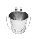 Aaspire Pets flat-back bucket with dual hooks mounted on kennel for spill-free feeding.