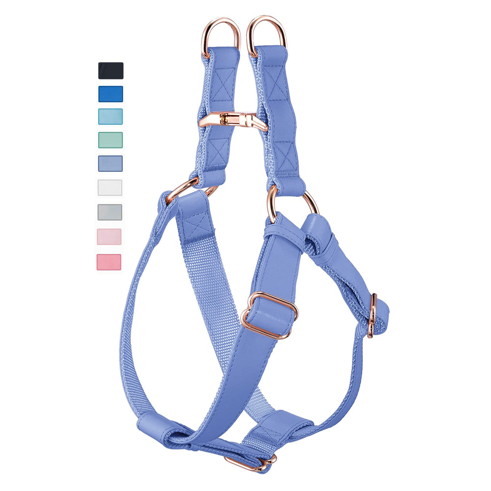 AaufiLux soft leather no pull harness purple front view for comfortable daily walks.