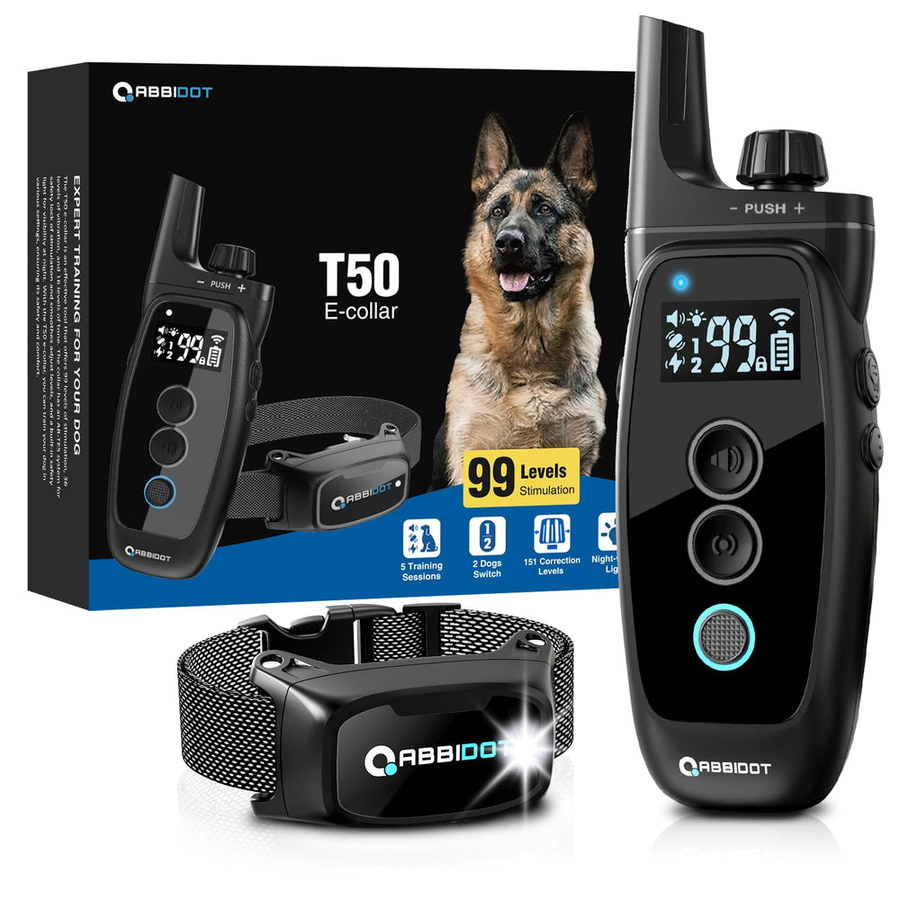 ABBIDOT dog shock collar packaging highlights four training modes and range.