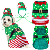 Abbylike Christmas dog elf costume close-up on a small dog, highlighting soft velvet and comfort.