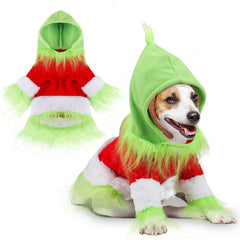 Abbylike dog Christmas outfit green hoodie with hat front view for festive photos