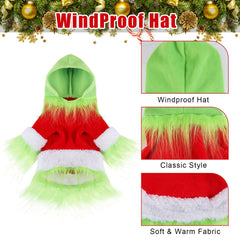 Abbylike dog Christmas outfit green hoodie hat side view worn at parties