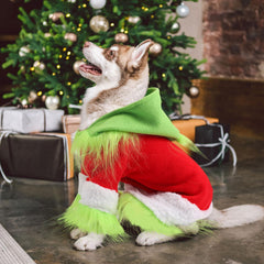 Abbylike green hoodie hat on dog, easy-to-wear design for Christmas parties