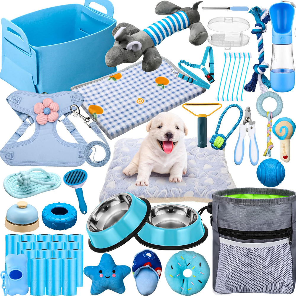 Abbylike starter kit blue puppy essentials image shows organized puppy gear