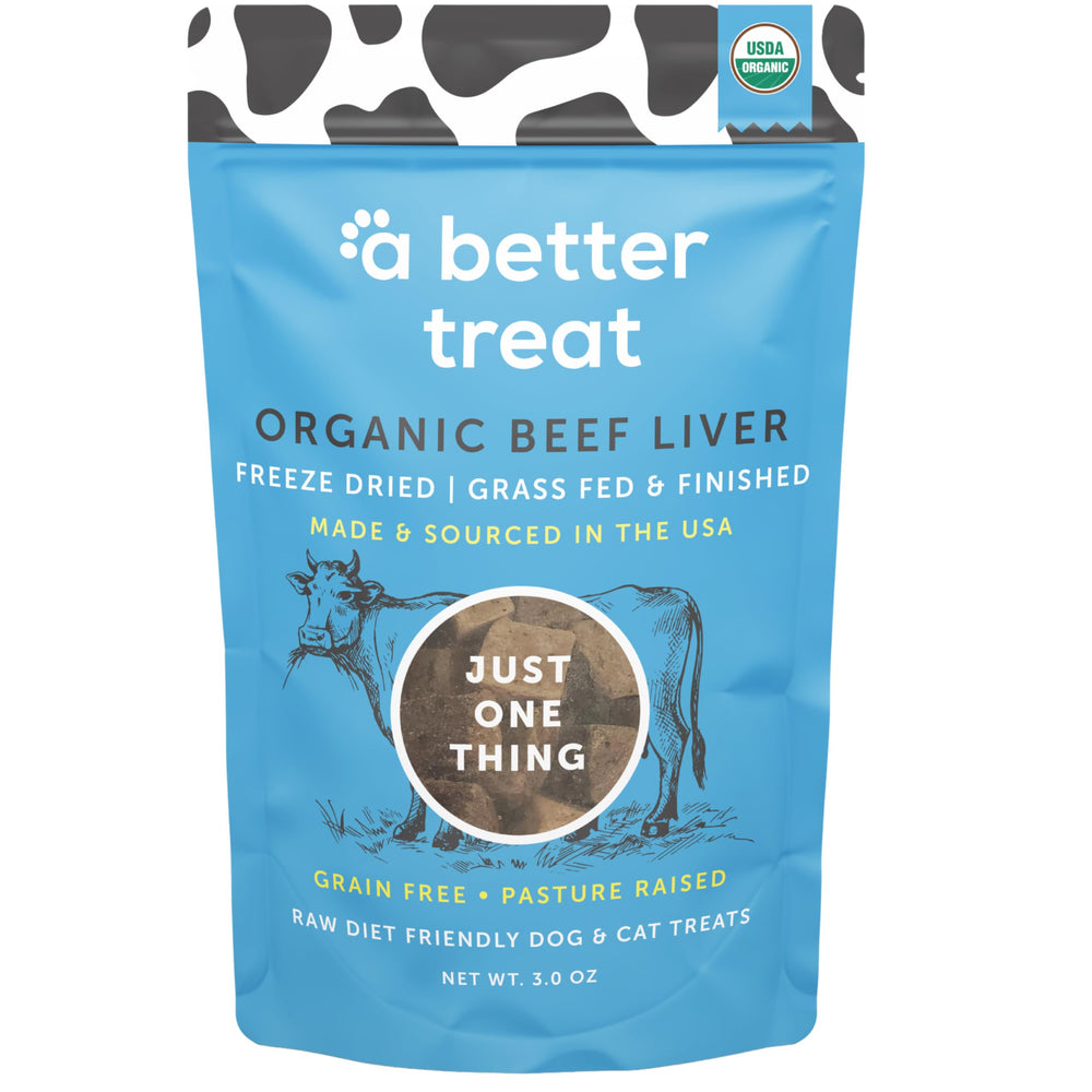 A Better Treat organic beef liver packaging highlights single-ingredient purity for sensitive pets