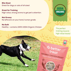 A Better Treat packaging emphasizes organic, USA-made quality for dog treats.