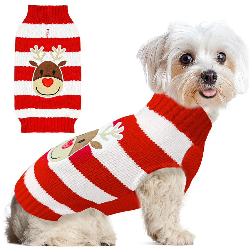 ABRRLO dog Christmas sweater striped reindeer design for festive holiday photos.