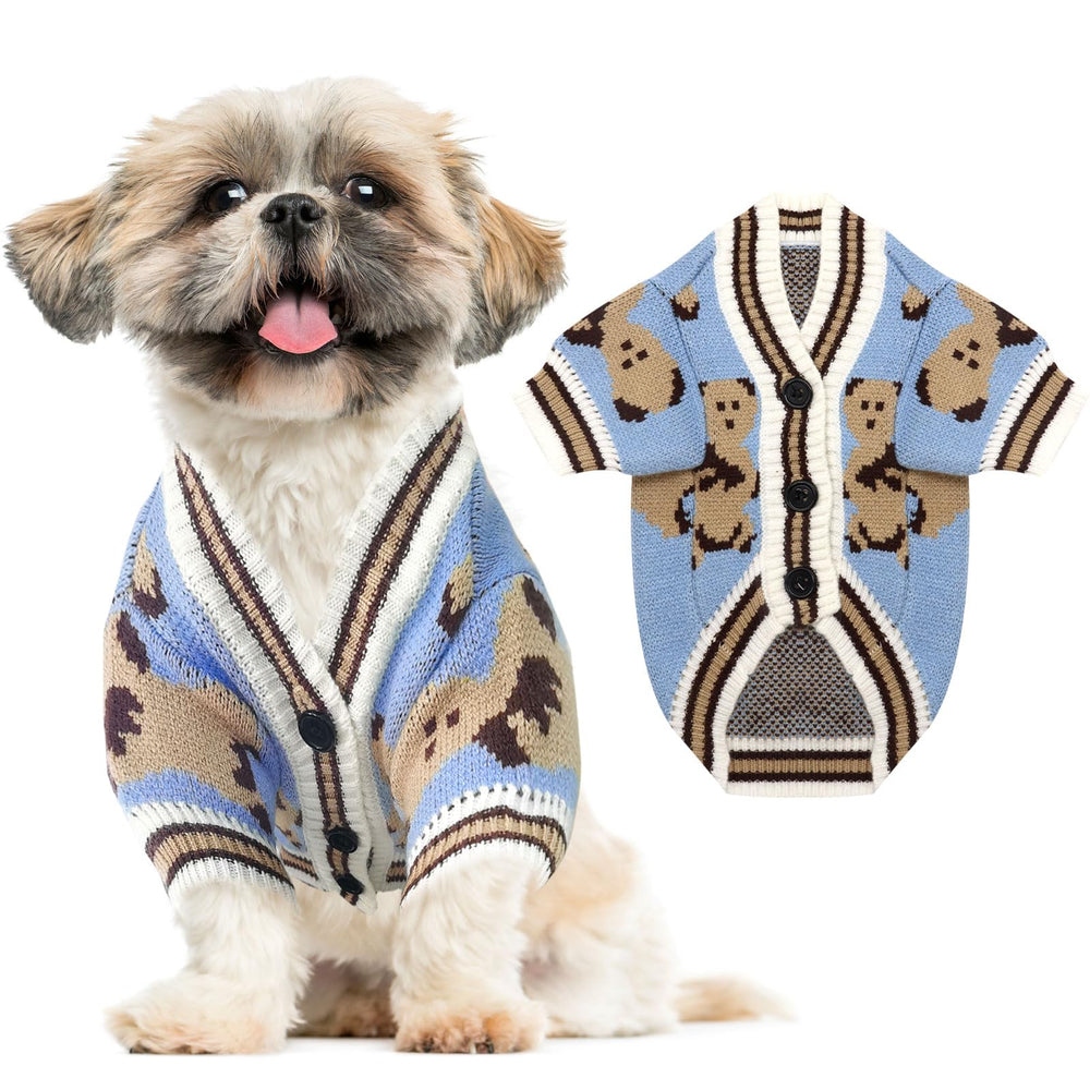 ABRRLO small dog sweater in blue with bear pattern, front view for cozy walks.