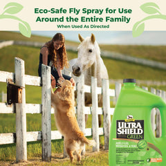 Absorbine UltraShield Green bottle being poured for easy, spray-free application.