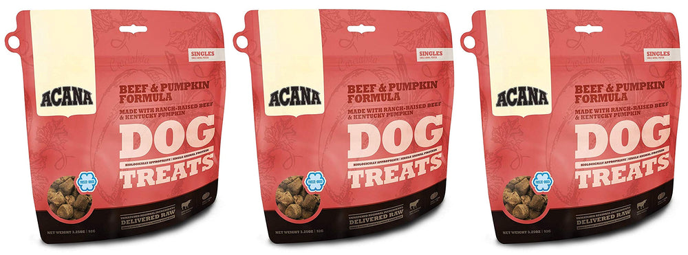 ACANA beef and pumpkin dog treats freeze-dried bag 1 highlights protein-rich snack for dogs with sensitivities.