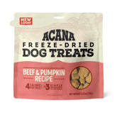 ACANA Singles freeze-dried beef and pumpkin treats shown in bag, ideal for training rewards.