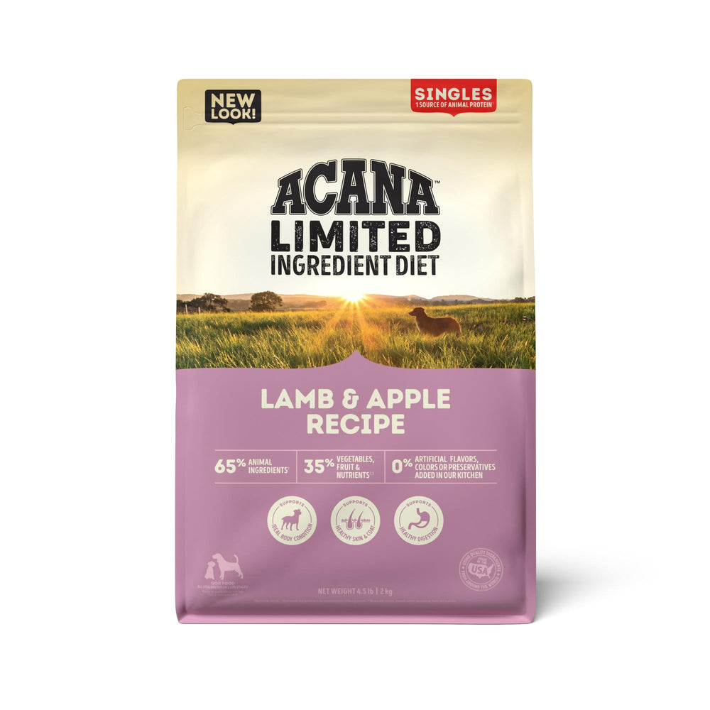 ACANA Singles Lamb & Apple bag showcases grain-free, high-protein nutrition for dogs.