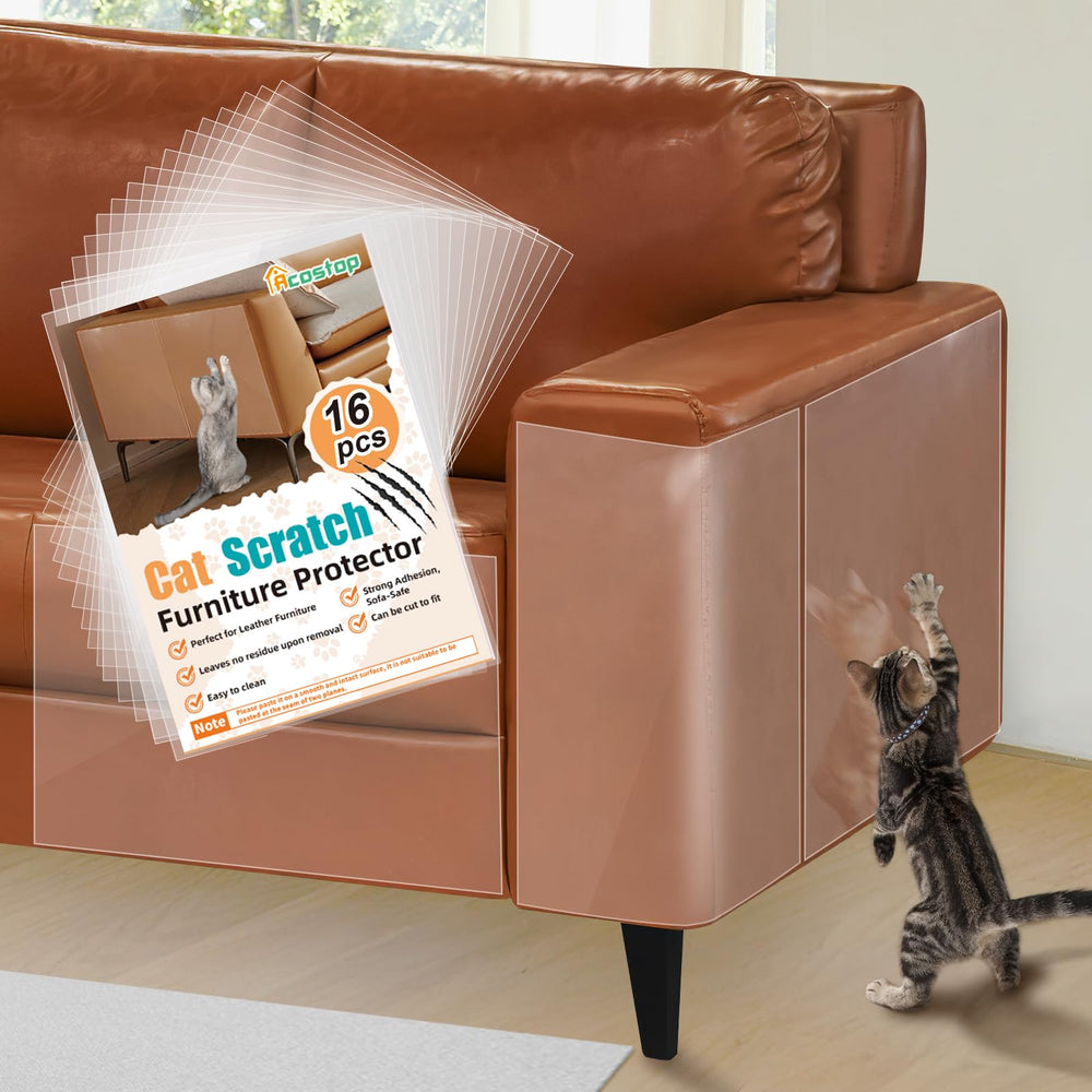 Acostop cat scratch protector for leather furniture with adhesive back protects surfaces.