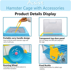 Acsist hamster cage includes running wheel for daily exercise.