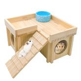 Acsist wooden hamster hideout with ladder and platform for resting.