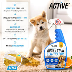 ACTIVE enzyme cleaner spray being applied to a carpet stain for deep cleaning potential