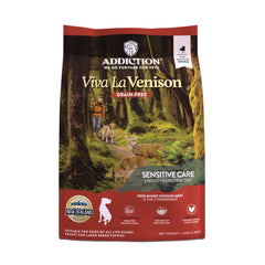 Addiction Viva La Venison bag front shows grain-free venison protein for sensitive dogs.