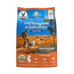 Addiction Wild Kangaroo & Apples dry dog food bag front highlighting grain-free nutrition.