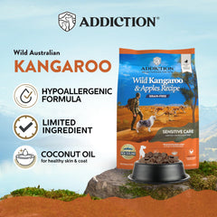Addiction Wild Kangaroo & Apples kibble close-up shows single-source protein for sensitive dogs.