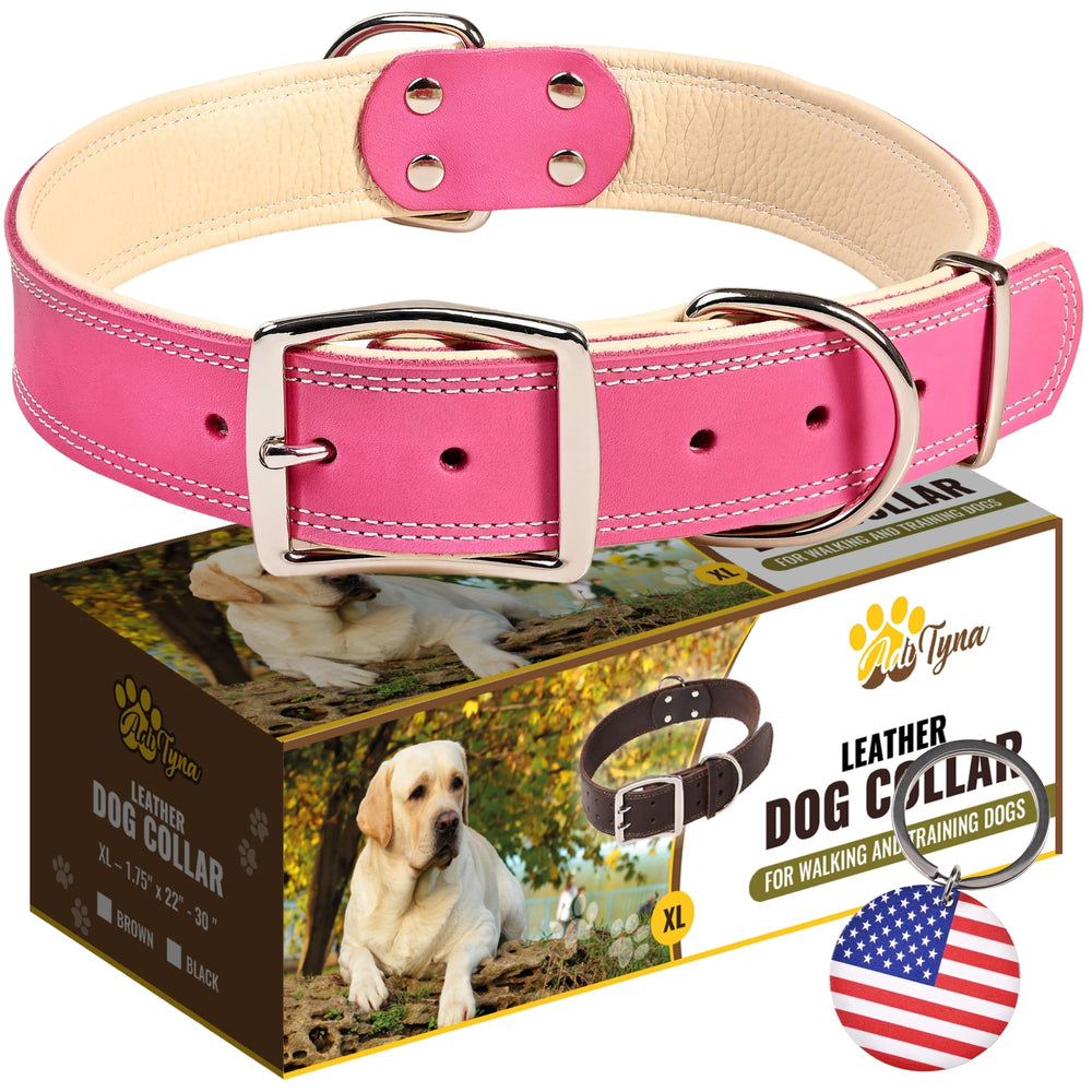 ADITYNA heavy-duty pink leather dog collar closeup showing premium leather with soft padding for comfort