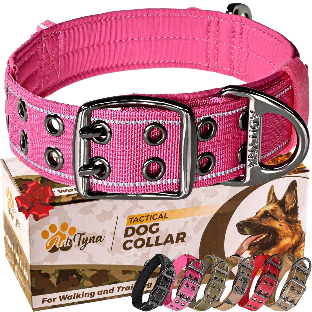ADITYNA heavy-duty reflective pink dog collar with handle closeup for safer nighttime walks