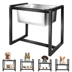 Adjustable Height Elevated Large Dog Water Bowl on a metal stand reduces neck strain during meals.