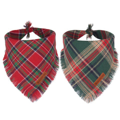 ADOGGYGO Christmas dog bandana with tassels in red plaid for festive holiday photos.