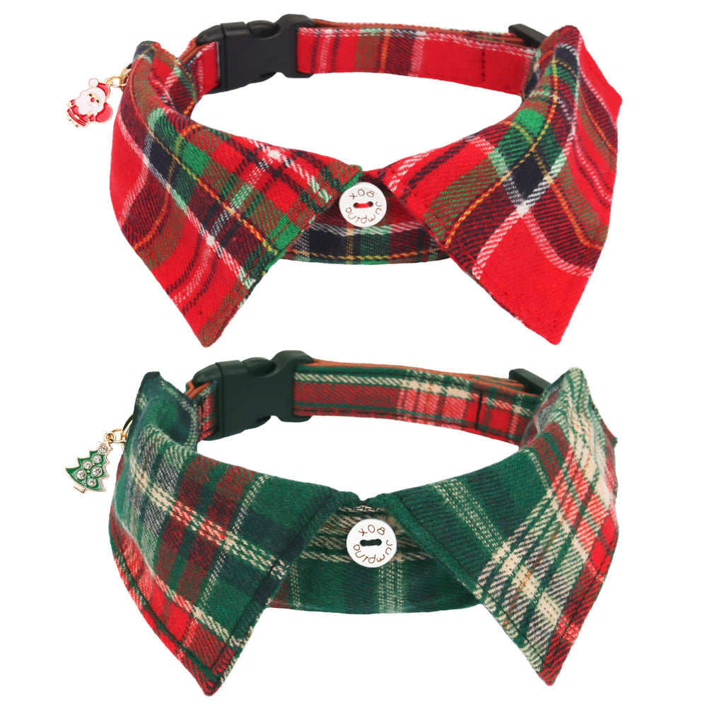 ADOGGYGO Christmas dog collar with bow tie close-up showing plaid pattern for Christmas photos.