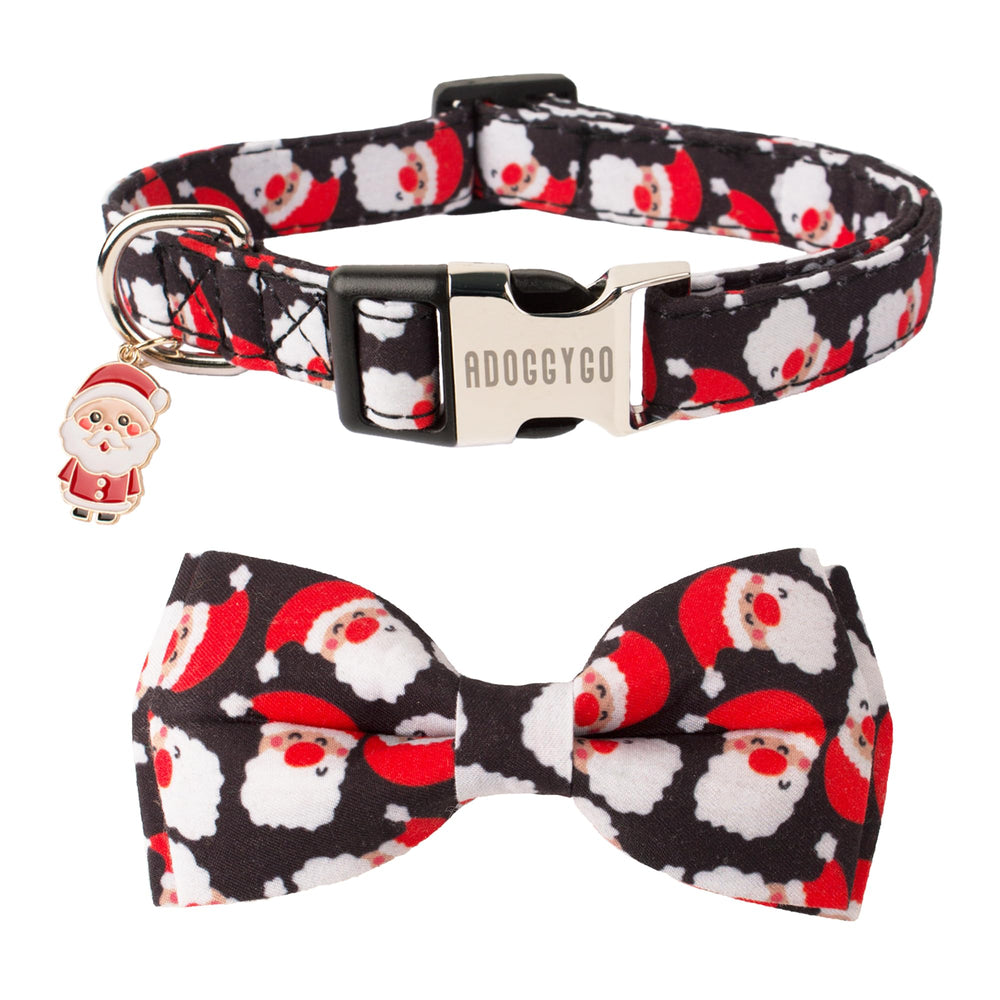 ADOGGYGO Christmas dog collar with bowtie for festive holiday photos.