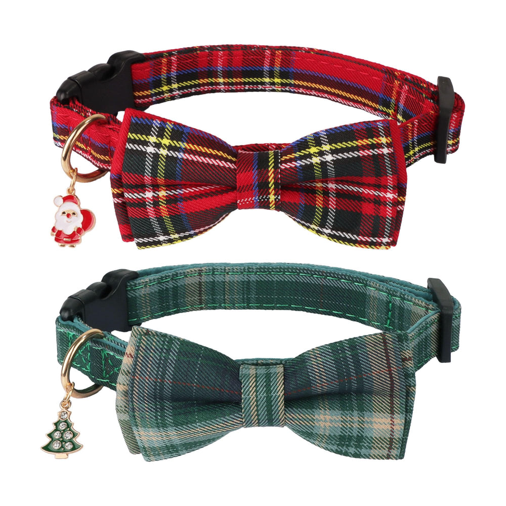 ADOGGYGO Christmas dog collar with bowtie in red plaid for festive photos.