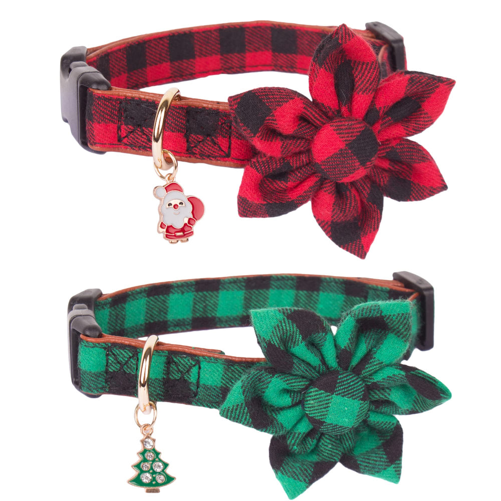 ADOGGYGO Christmas dog collar flower red plaid, festive style for holiday photos