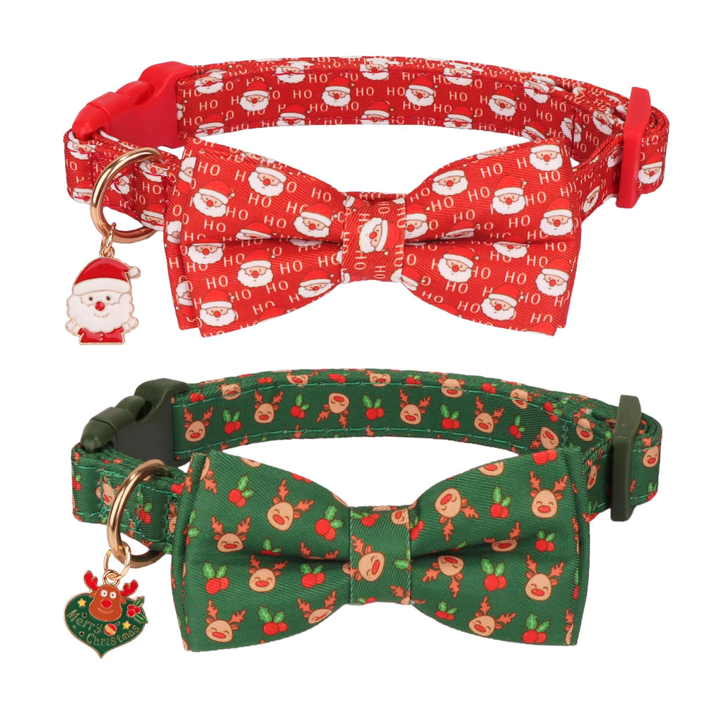 ADOGGYGO Christmas dog collar with bow in red and green, perfect for festive walks.