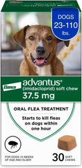 Advantus dog fast-acting chews bottle shows quick flea relief within one hour.