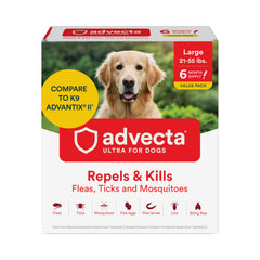 Advecta Ultra packaging shows a complete flea and tick prevention solution for dogs