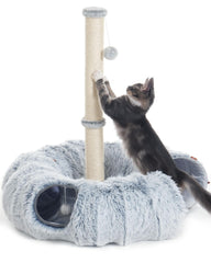 Aechonow 34-inch tall cat post with donut tunnel promotes active play and claws health.