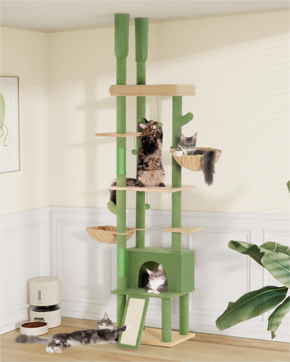 Aechonow cat tree floor-to-ceiling with large perch bed for big cats to lounge comfortably.